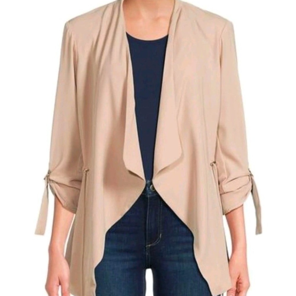 Premise Womens XS Tan Open Front Waterfall‎ Jacket Roll Tab Sleeve Cinched Waist